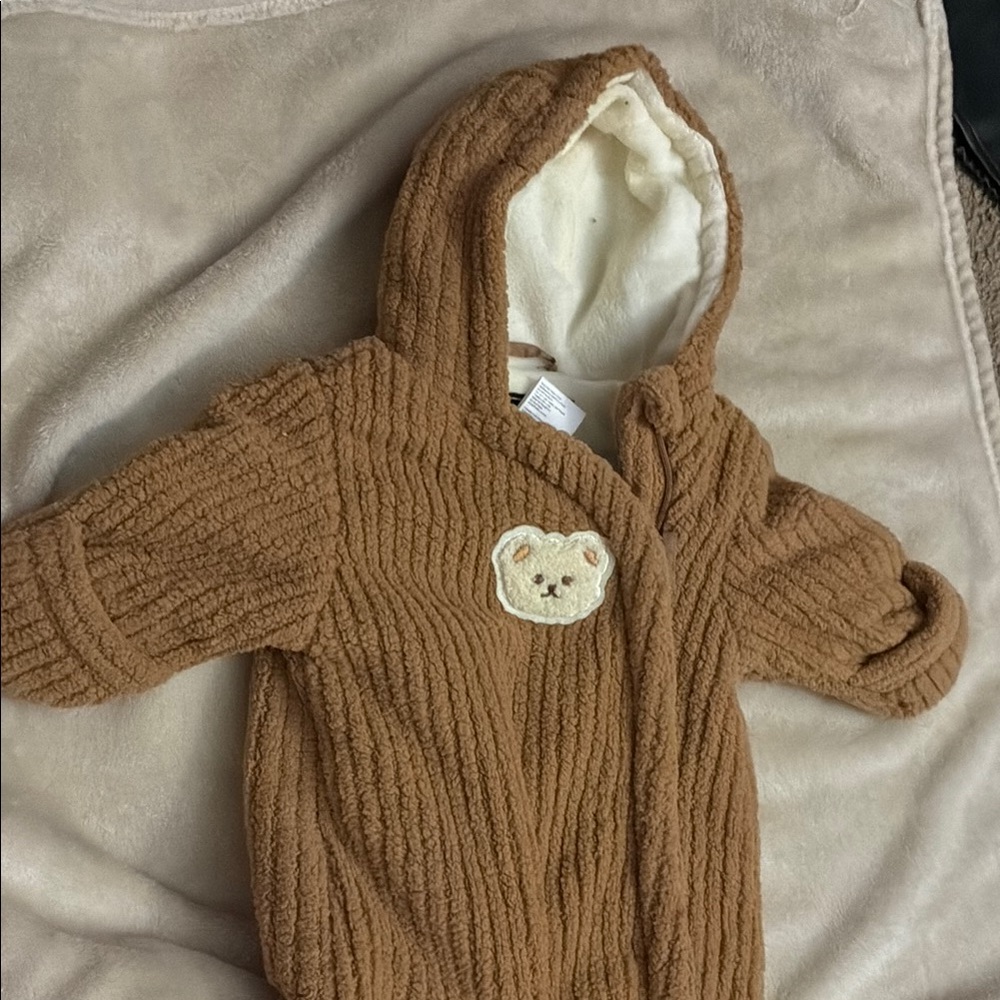 Brown Hooded Baby Onesie with Bear Patch